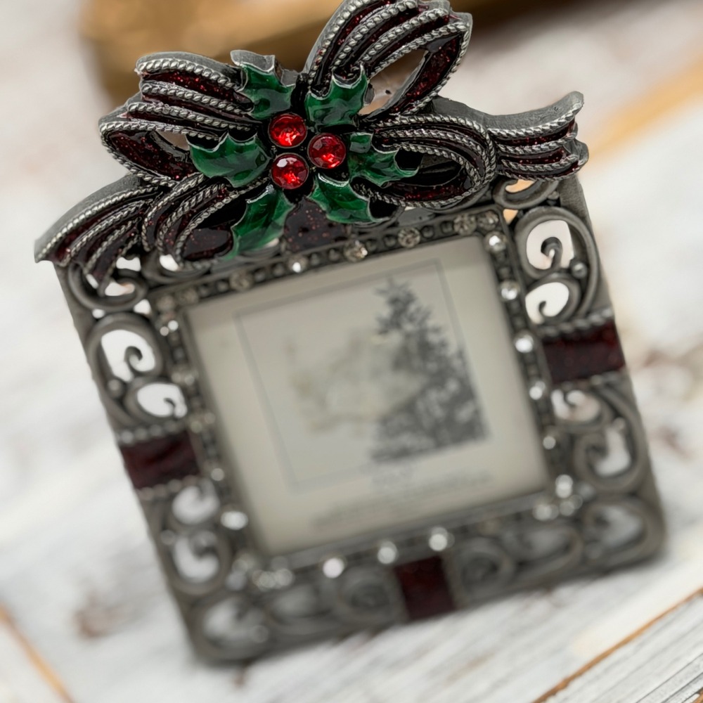 Christmas Holly Berry Bow Silver Metal Mini Picture Frame 2x2 Rhinestone